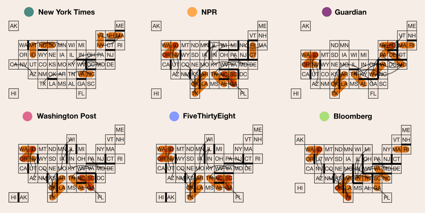 Quality metrics for Grid Map and a case study comparing layouts from 6 publishers